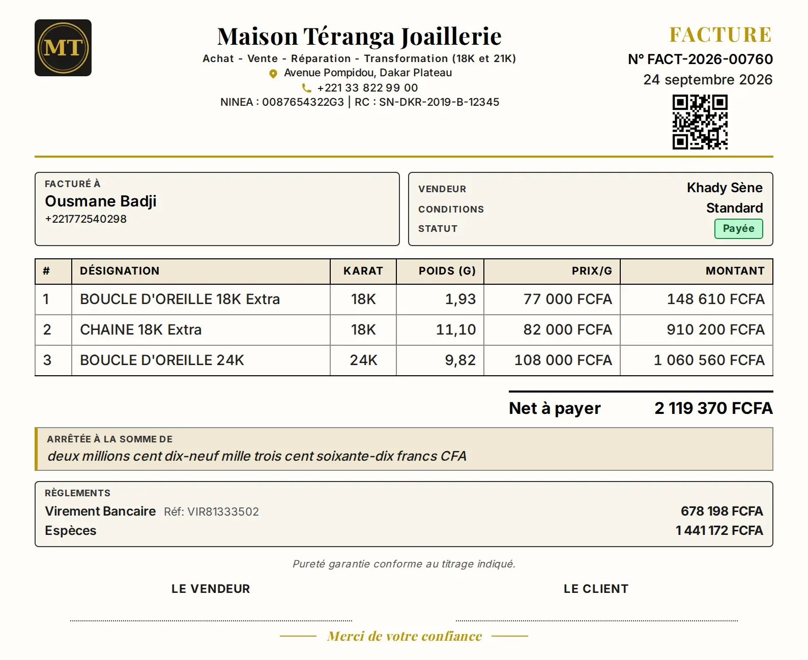 Facture Sunu Bijou à l'en-tête de la boutique avec NINEA, poids, prix au gramme et montant en lettres